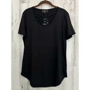 L&B Lucky & Blessed Women’s Shirt Size Small Black Crisscross Neck Round Hem NWT